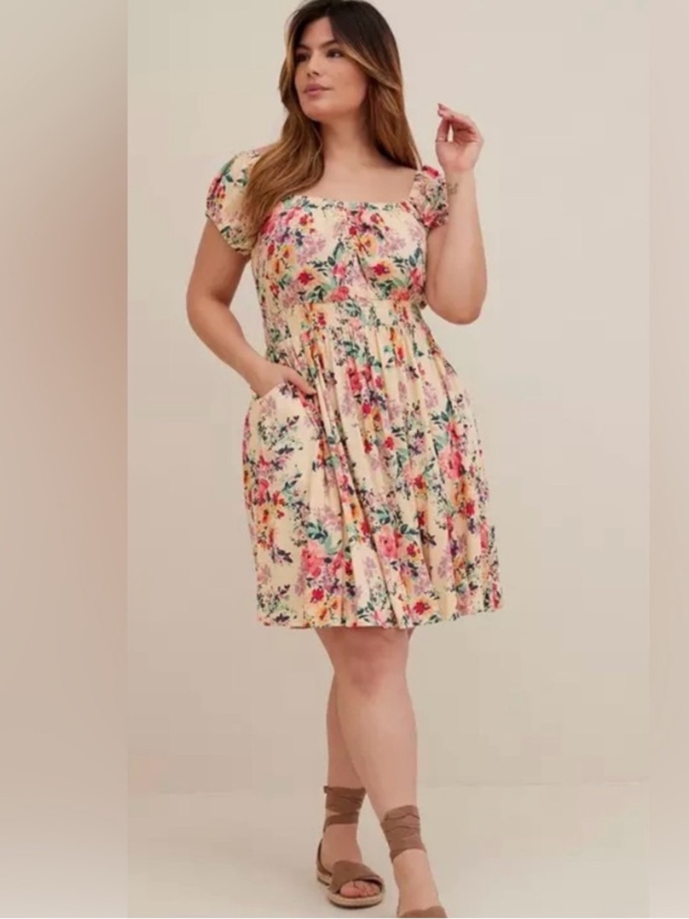 Torrid 1X Floral Lenny Smocked Waist Short Sleeve Mini Dress